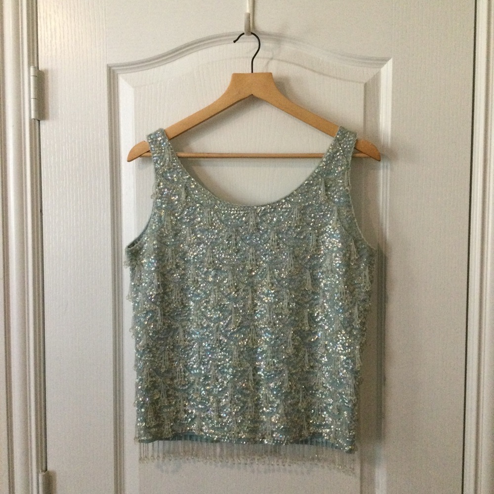 Vintage 1960s Hand Beaded Sequin Silver Ice Blue Top Sz M